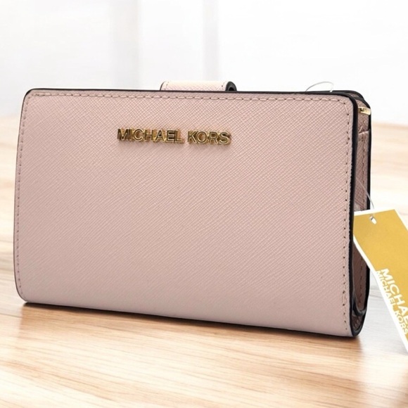 Michael Kors Medium Jet Set Travel Zip Chain Bifold Wallet Leather Powder Blush - Picture 1 of 9